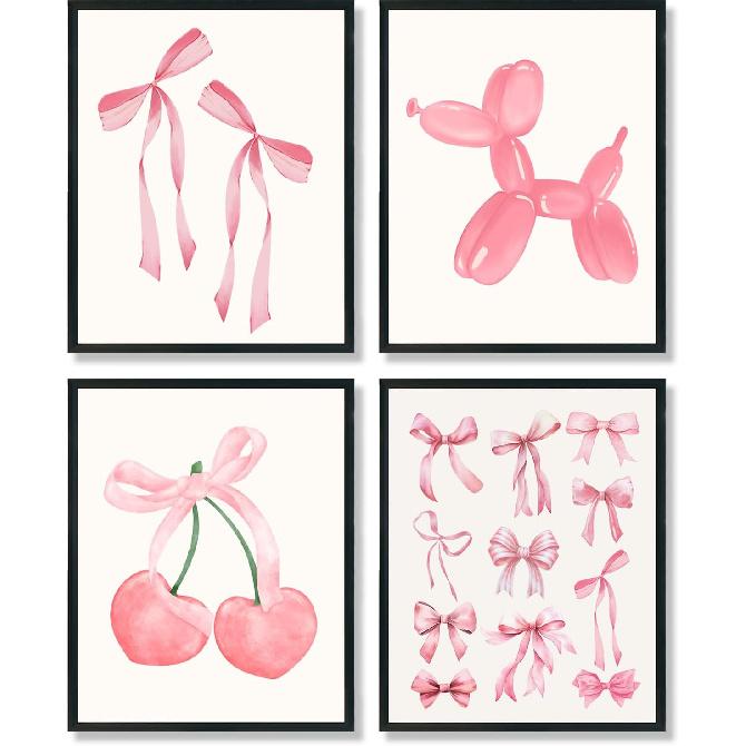 ULEGIE Coquette Pink Bow Preppy Wall Art Decor Set of 4, Coquette Room Decor, Cherry Balloon Dog Preppy Room Decor, Girly Pink Posters Prints for balloon dog and pink bow