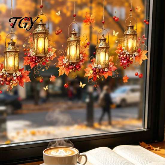 Autumn Window Decals Maple Leaf And Lantern Static Sticker, Double Sided PVC Waterproof Cling Decals, Removable Electrostatic Glass Clings for