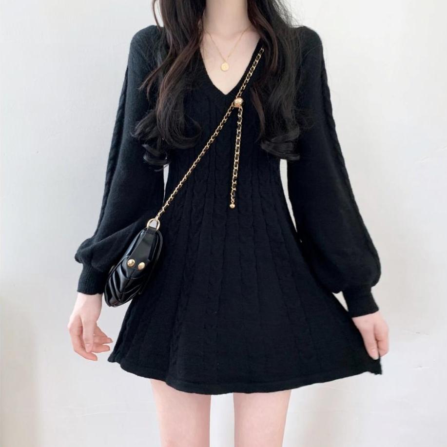 

Вязаный вязаный свитер, мини-платье, женские повседневные короткие платья с рукавами-фонариками, осенне-зимняя одежда с v-образным вырезом, женская одежда S