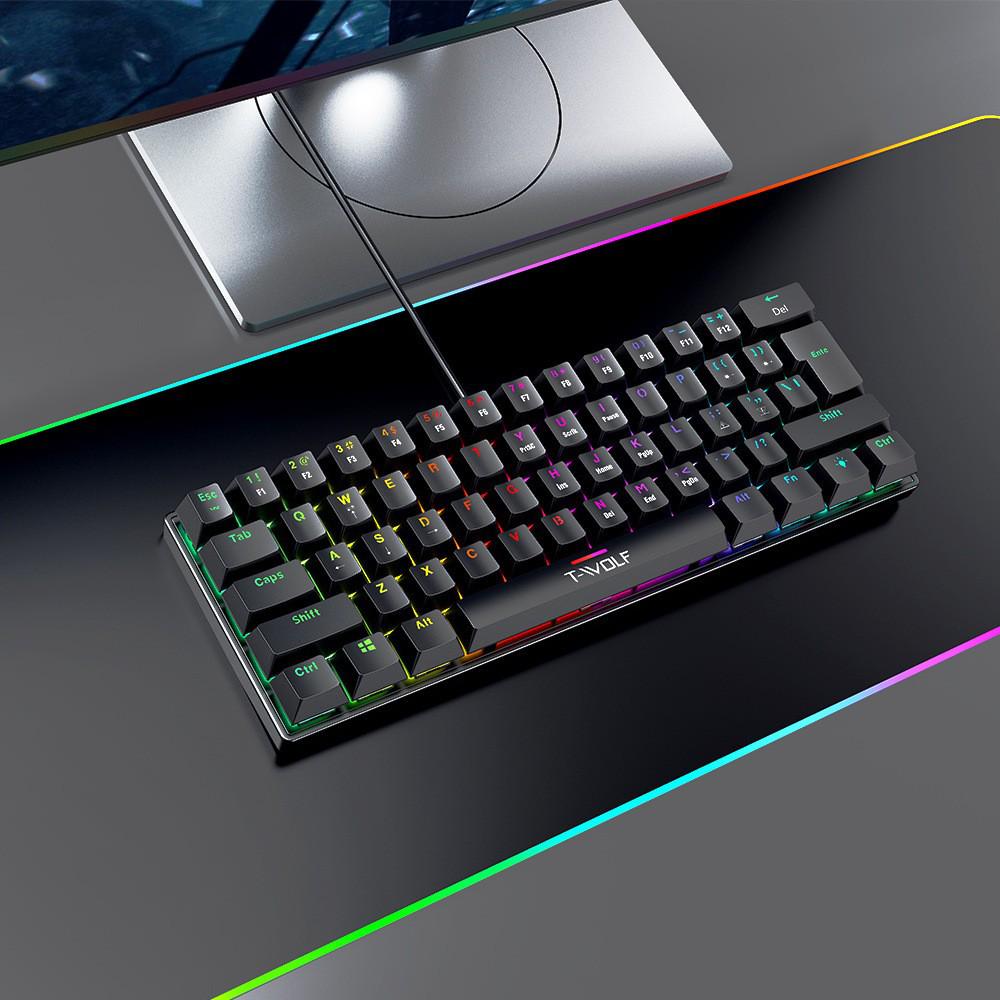 T-WOLF T61 RGB Backlit Wired Mechanical Gaming Keyboard, Blue Switches, 61-Key Portable Design.