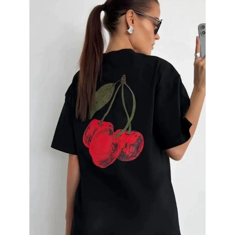 Loose Printed T-shirt Western Style New Casual Fashion Cherry Print Cotton Short Sleeve T-shirt Top