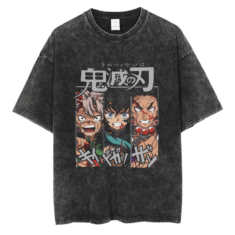 Anime Devil Killer Tanjirou Nezuko Zenitsu Inosuke Cute Pattern T-shirt Men s Washed Cotton T-shirt S