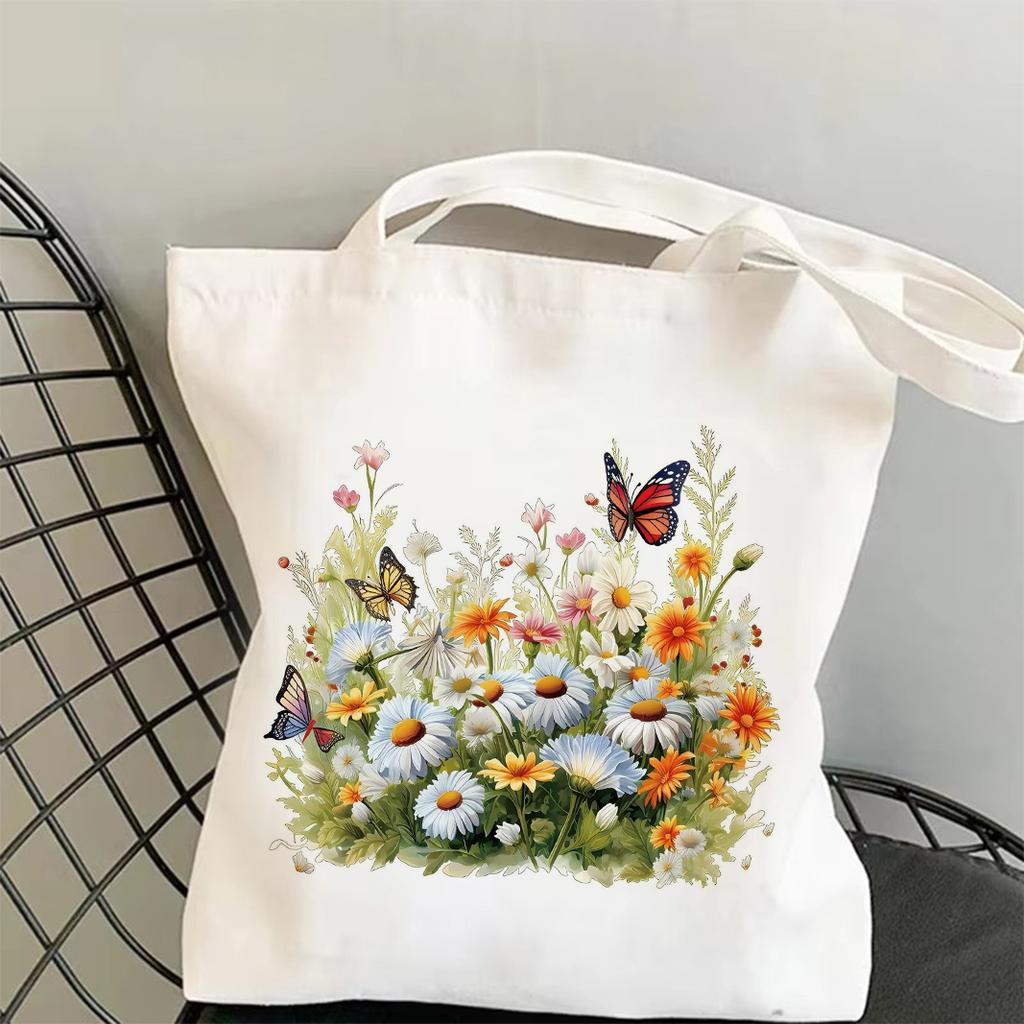 Frühlingshafter Blumen-Gras-Druck Canvas Tragetasche Trendige Funktionelle Tasche Ideal für Pendeln, Einkaufen und Tragen täglicher Notwendigkeiten