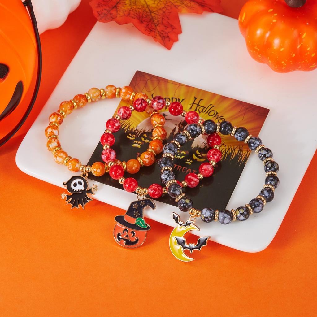 Halloween Ghost Black Cat Pumpkin Bat Moon Charm Multi-Layer Print Beaded Bracelet Gothic Boho Party Jewelry Gift For Women Men