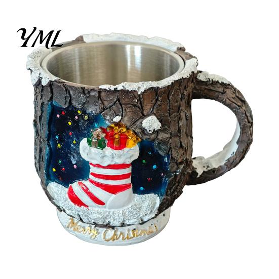 Christmas Mug Decorations Theme with Stainless Steel Liner, 3D Relief Hand Seasonal Housewarming Gifts Painted Resin Coffee Cup, Decorative Drinkware