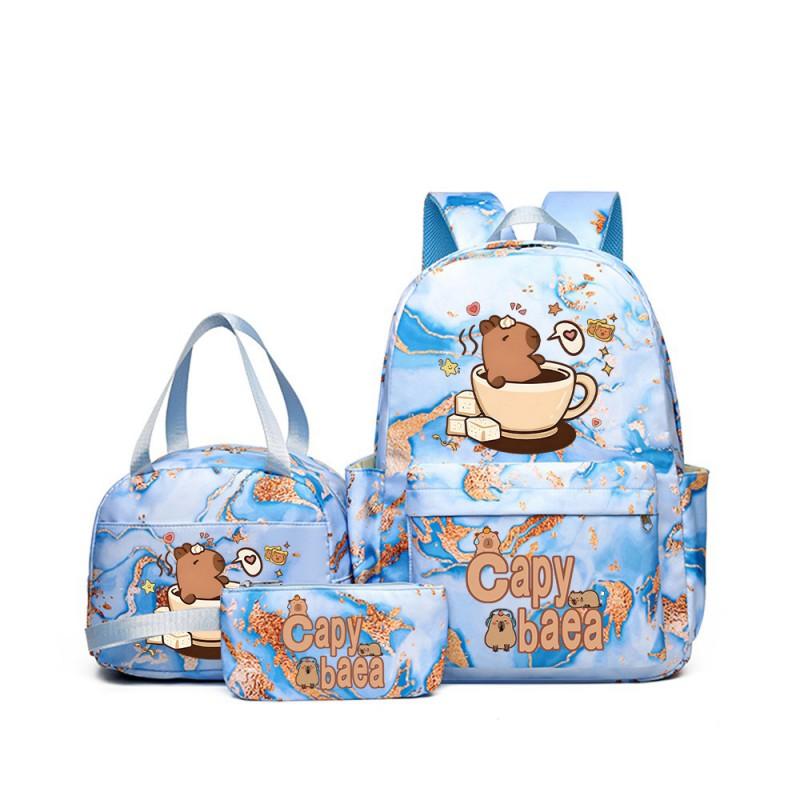 Capybara Cartoon Kids School Backpack Set With Pencil Case Lunch Bag - Large Capacity Breathable Waterproof Oxford Fabric