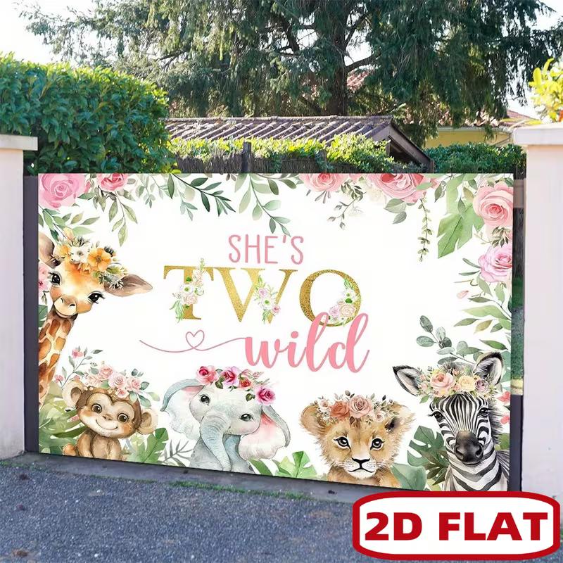 Toile de fond d'anniversaire 2D Two Wild avec animaux de safari floraux Décoration de fête
