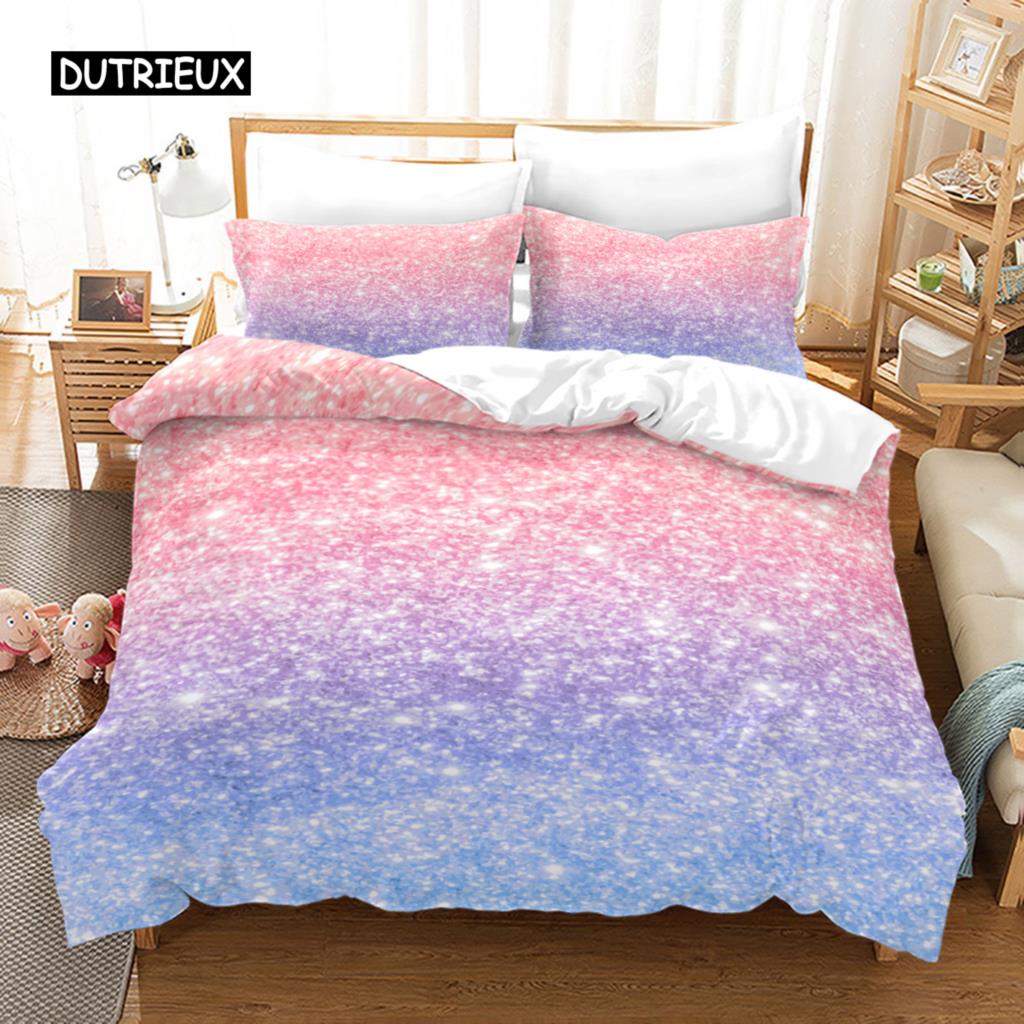 Farbverlauf Bettbezug Set Mikrofaser Regenbogen Streifen Glitzer Pailletten Bettdeckenbezug Doppel Queen King Size 2/3-teilig Bettdeckenbezug