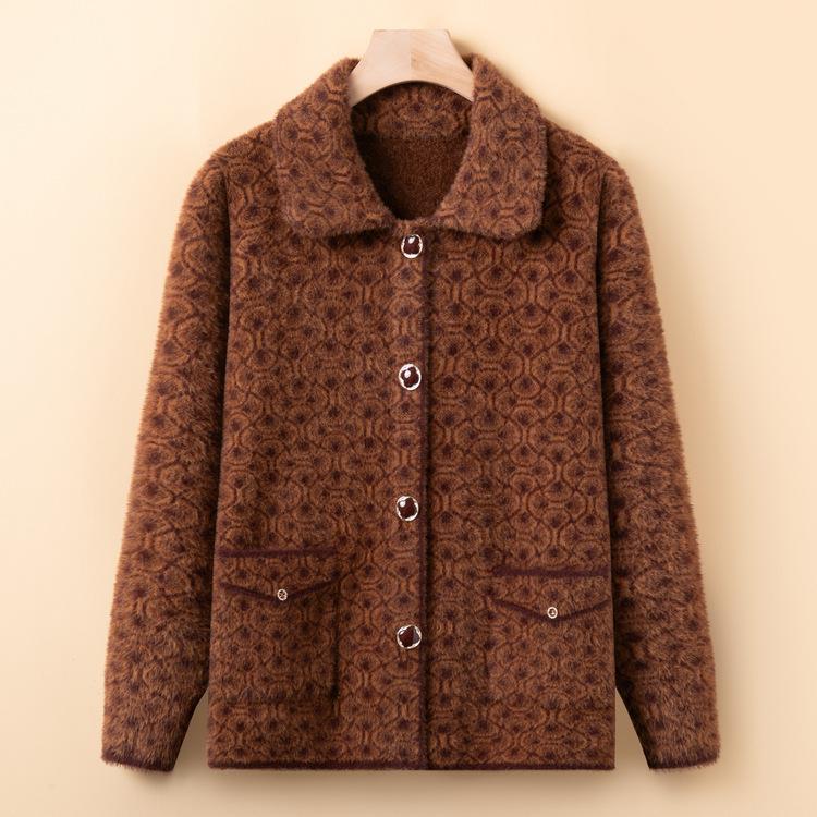 Middle-aged Mother Imitation Mink Wool Knitted Jacket Middle-aged and Elderly Women's Thickened Large-size Sweater Jacket Old Lady Clothes