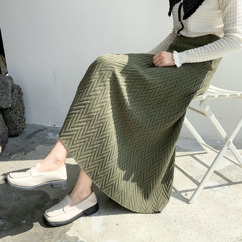 French Elegant A-Line Women's Autumn Winter Korean-Style Solid Color High Waist Knitted Midi Skirt Flared Umbrella Skirt