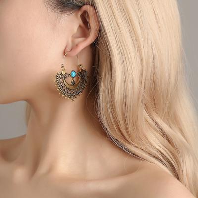 Ethnic Hollow Pattern Artificial Turquoise Chandelier Dangle Earrings Women Gift