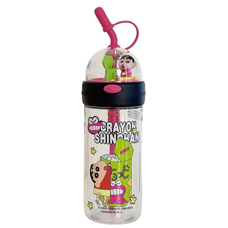 X&W Crayon Shin-Chan Plastic Water Bottle Transparent Straw Cup with Creative Toy Lid Summer Milk Tea Juice Water Cup for Kids