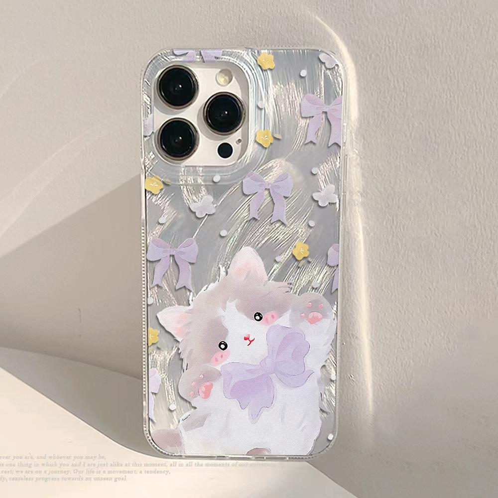 Cute Black Cat Phone Case For iPhone 17 Air Case iPhone17 16 15 11 12 13 14 Pro Max Plus Laser Silver Feather Texture Shockproof Cover