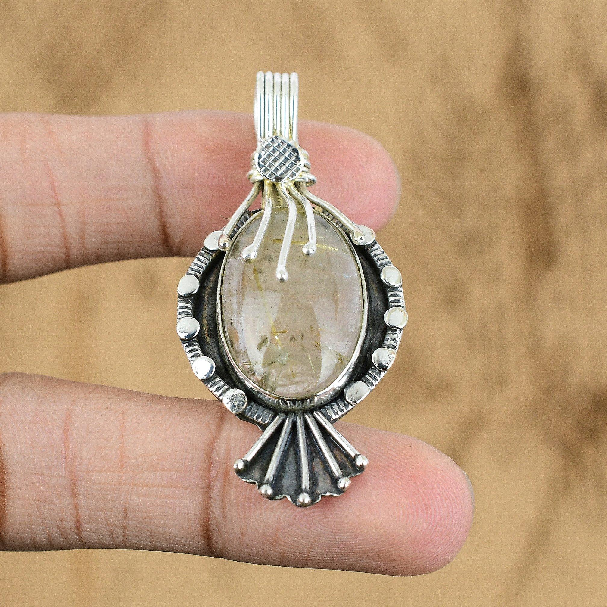 

Natural Golden Rutile Gemstone Pendant 925 Sterling Silver Jewelry For Girls