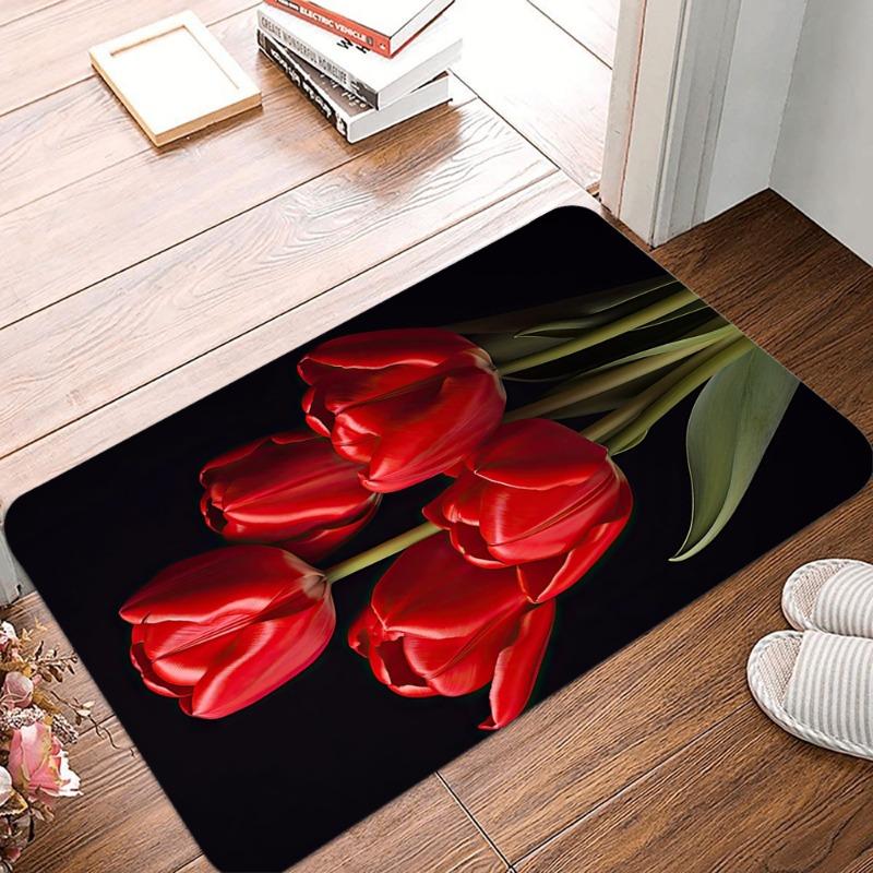 Very Beautiful Red Tulip Printing Non-Slip Small Rug Waterproof Easy Clean Floor Mat for Indoor Outdoor Use Durable Home Decor