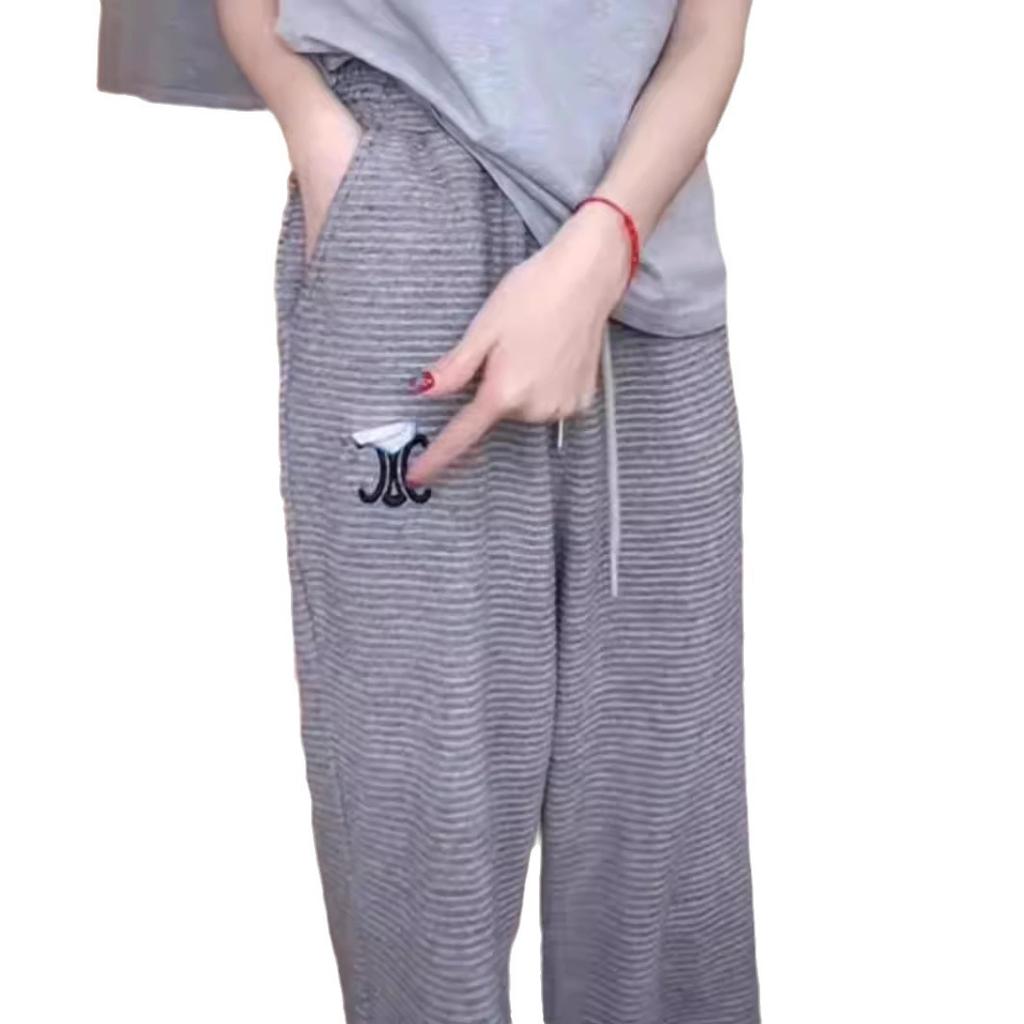 Plus Size High Waist Casual Striped Wide Leg Pants Women Loose Hundred Lazy Style Embroidered Pants