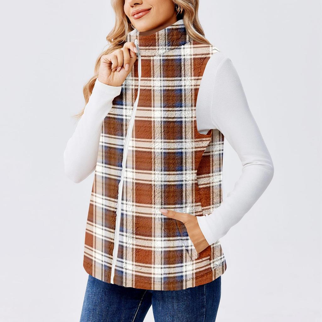 Women's Checked Print Fashionable And Warm Fleece Cardigan Vest Jacket