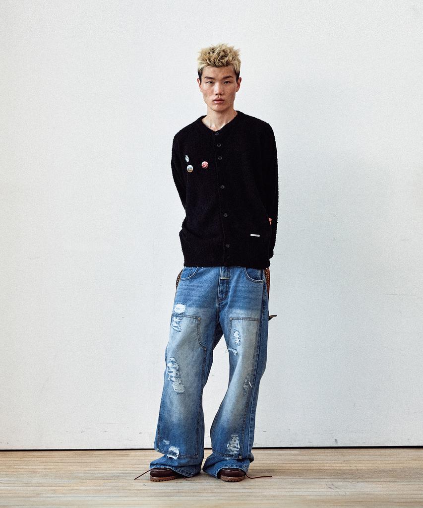 Thevinylhouse Round Neck Cardigan Black