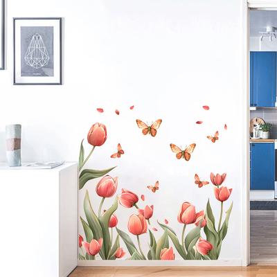 Tulip Butterfly Flowers Wall Stickers for Kids Room Nursery Kindergarten Classroom Wall Decoration Skirting Board Design