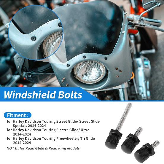 Parafusos para Para-brisa para Harley Davidson Touring Street Glide/Street Glide Specials 14-24 1 Peça Parafuso Longo 2 Peças Parafusos Curtos Liga de Alumínio Preto