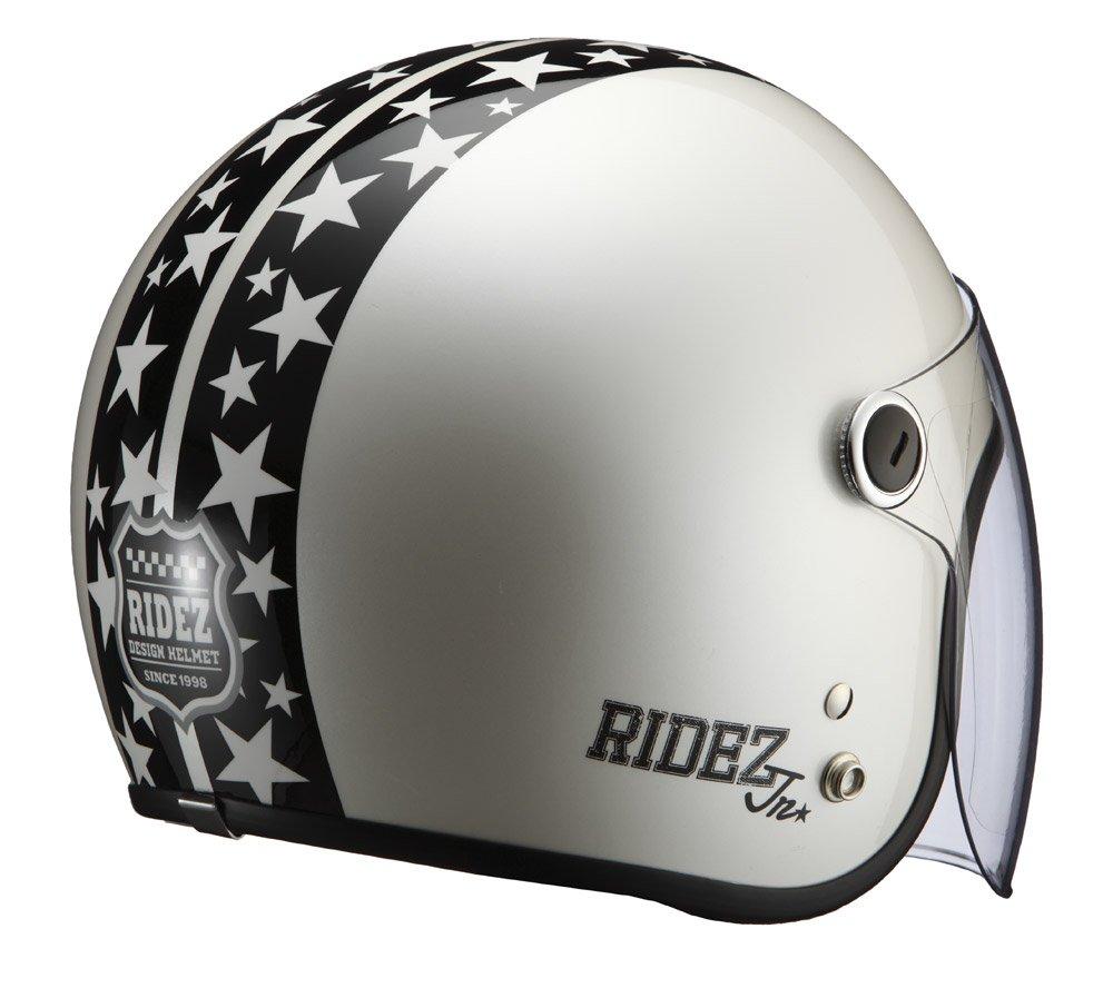 RIDEZ Jr STAR Jet Motorcycle Pearl Sizes with Opening and Closing Junior Helmet, White, Kids' 53-54cm, Shield,