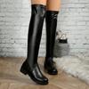 Sexy Solid Black Pu Knee-High Boots Women 2025 Autumn Slip On Wrinkle Elastic Boots Comfort Medium Heel Jazz Shoes
