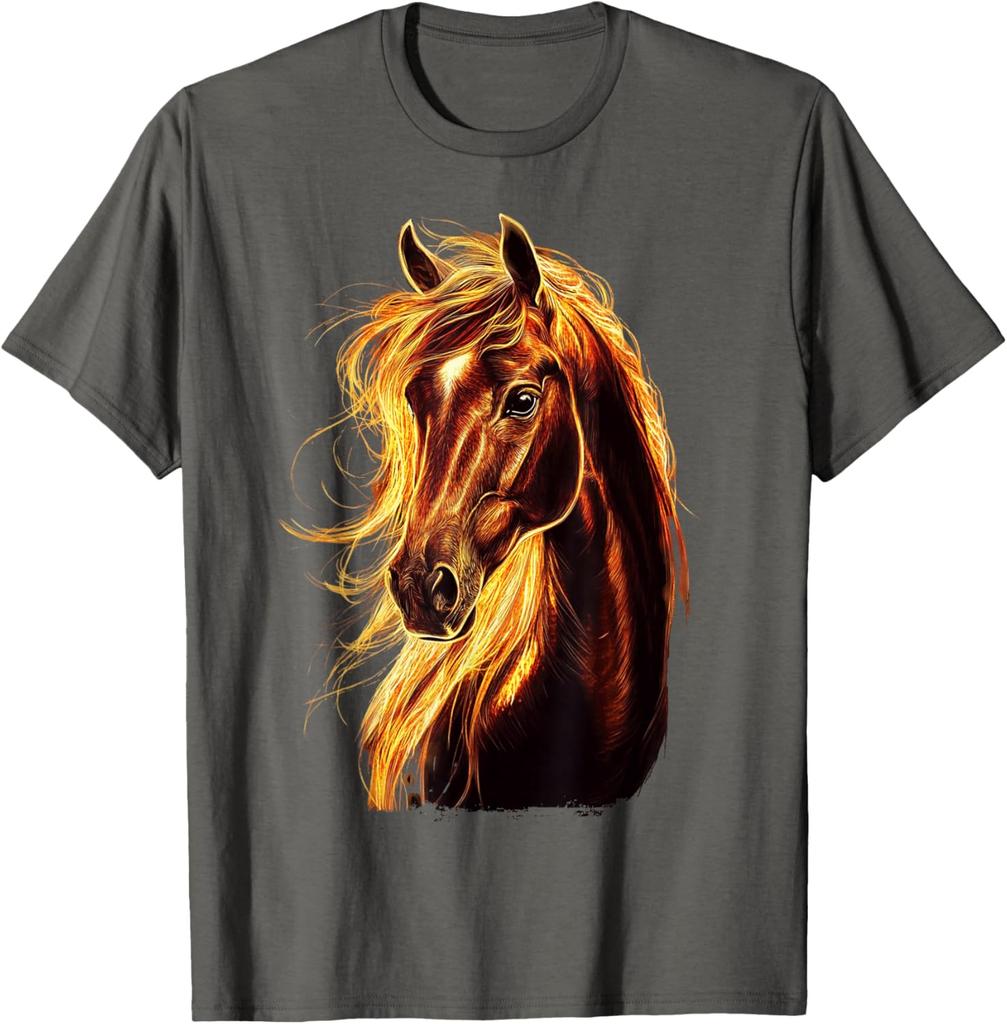 Feuriges Pferdekopf Grafik-T-Shirt Atmungsaktives Baumwoll-Kurzarm-T-Shirt für Reitsport-Liebhaber