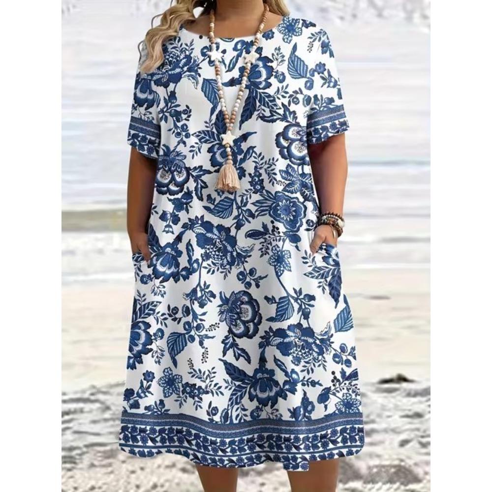 Women's Fashion Graceful Beautiful and Exquisite Patterns Print Summer Spring Short Sleeve O-Neck Casual Dresses