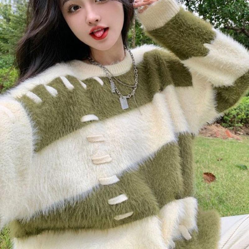 Lazy Style Design Plush Knit Sweater Top for Autumn and Winter Women Thick Mink Fur Striped Sweater