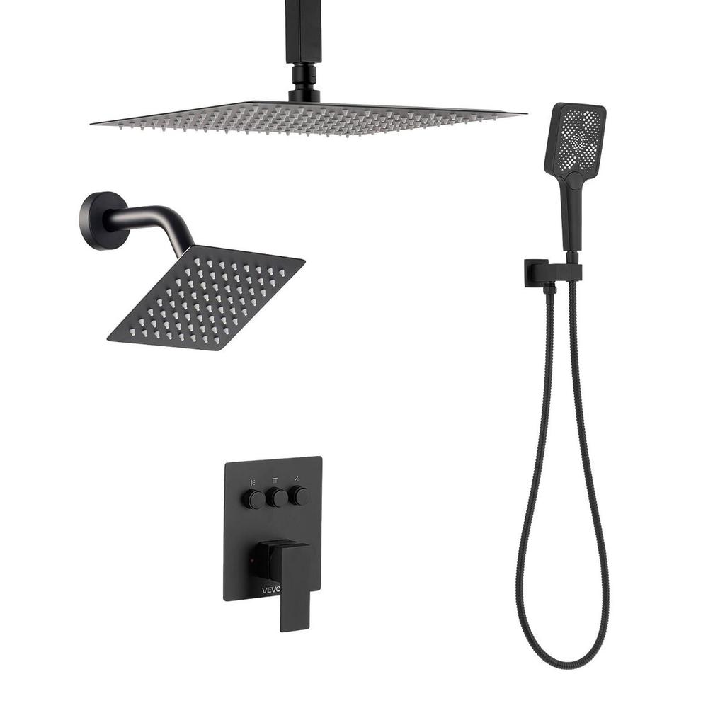 Shower Faucet Set, 305 mm Ceiling Mount Rainfall Shower System with 152 mm Wall Mount Head and 4 in 1 Handheld Spray, Rotatable 3-Function Dual Rain