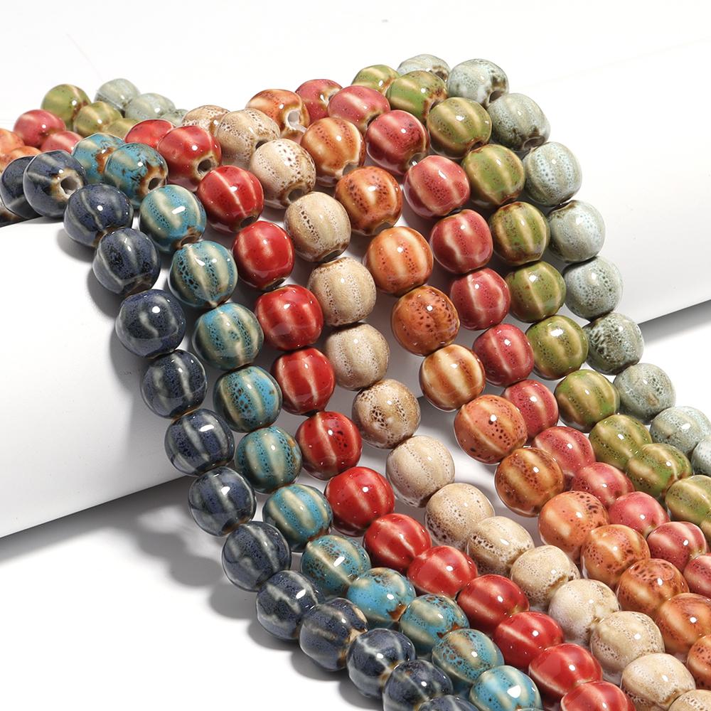 Apx 28pcs Colorful Round Spacer Beads Pumpkin Striped Ceramic Beads For DIY Bracelet Neckalce Jewelry Making Loose Bead Supplies