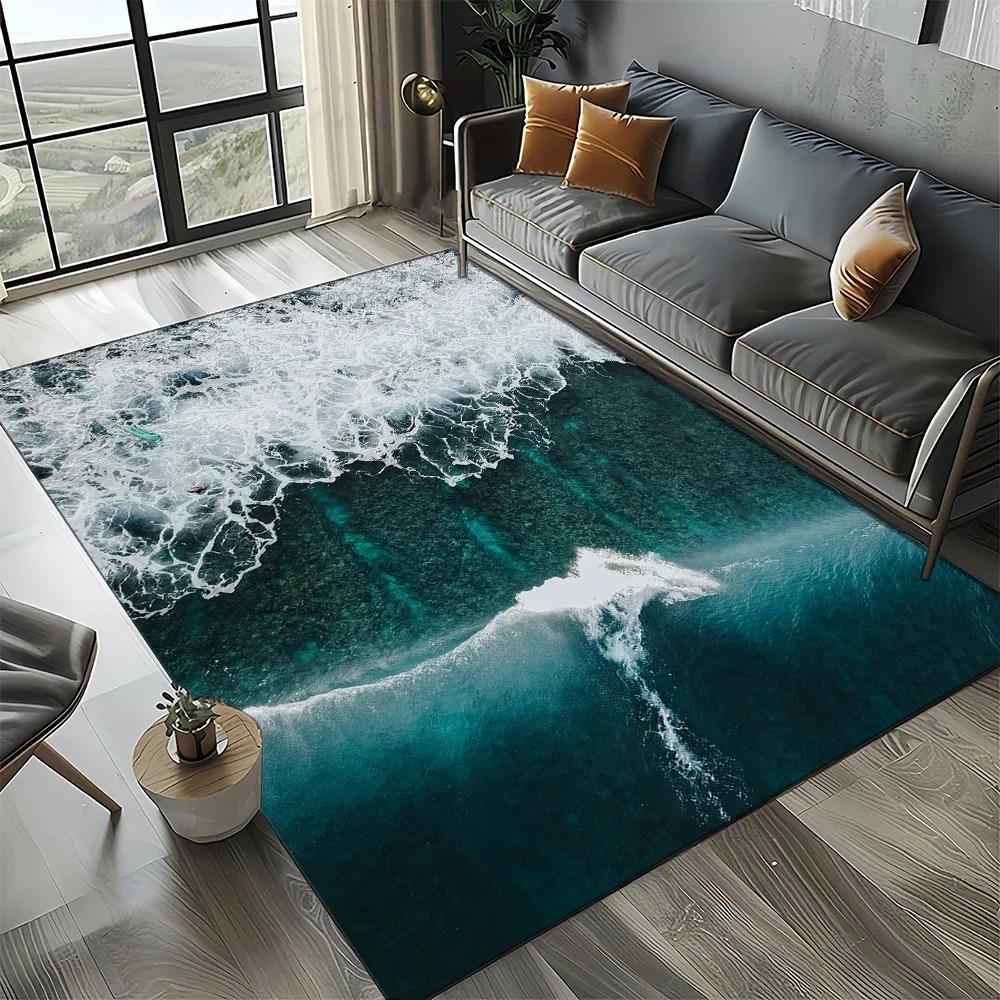 Blue Green Seawater Sea Wave Carpet Scenery Carpet Rug for Living Room Bedroom Home Sofa Home Decoration Non-slip Floor Mat