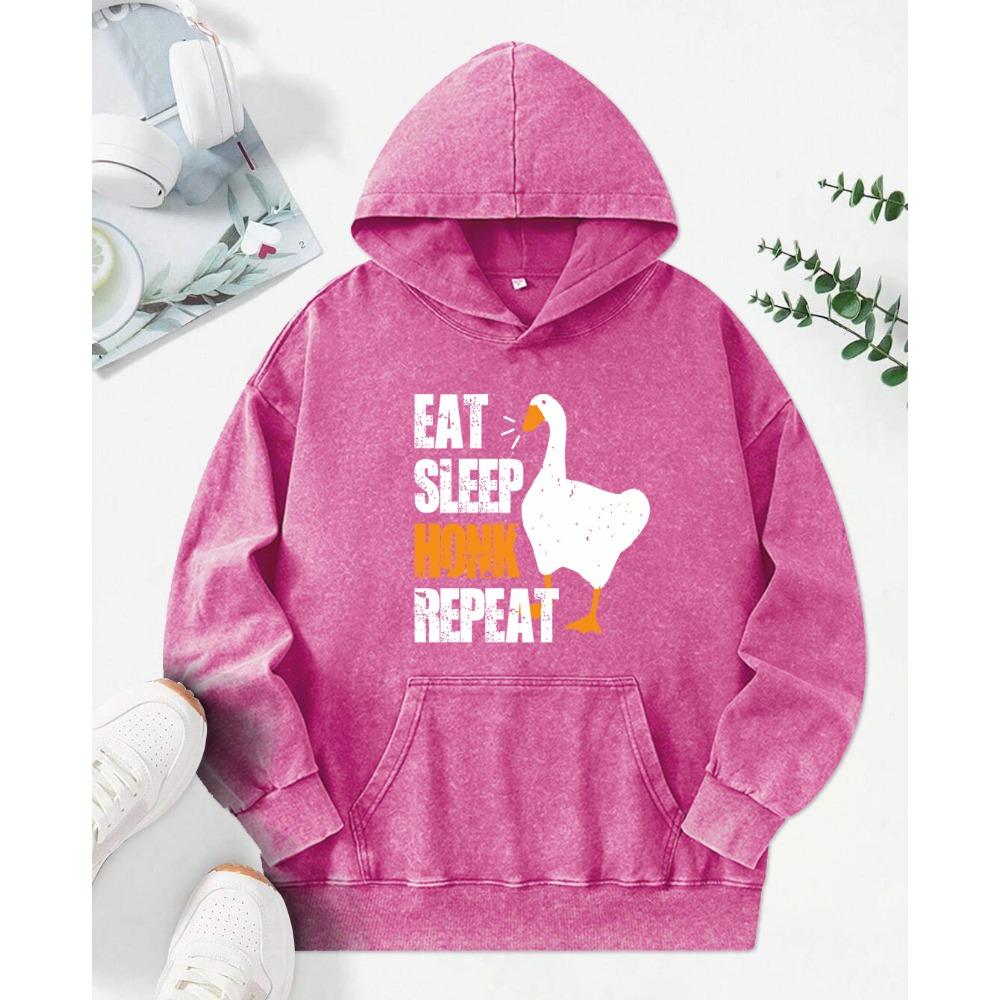 Eat Sleep Honk Repeat Duck Cartoon Print Women Washed Hoodie All-Match Cotton Clothes Trendy Autumn Hoody