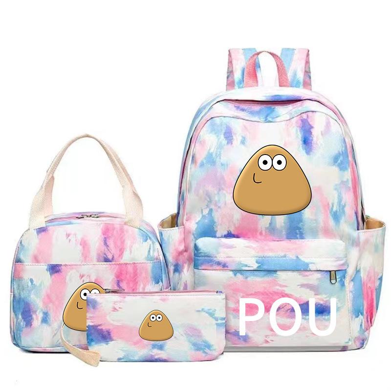Three-Piece Set Of Smudging School Bag Three-Piece Set Of Pou Pet Alien Brain Pencil Bag Lunch Bag Thermal Insulation Three-Piece Set Three-piece set