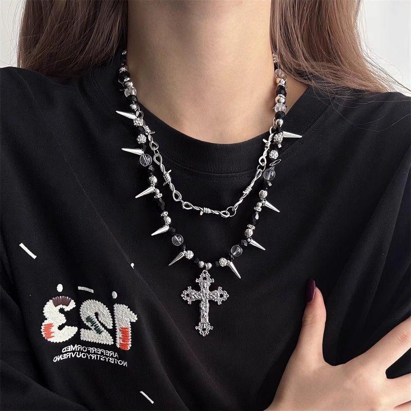 Gothic Dark Style Beaded Thorns Rivet Cross Necklace Women'S Punk Vintage Double Layer Chain Jewelry Accessory