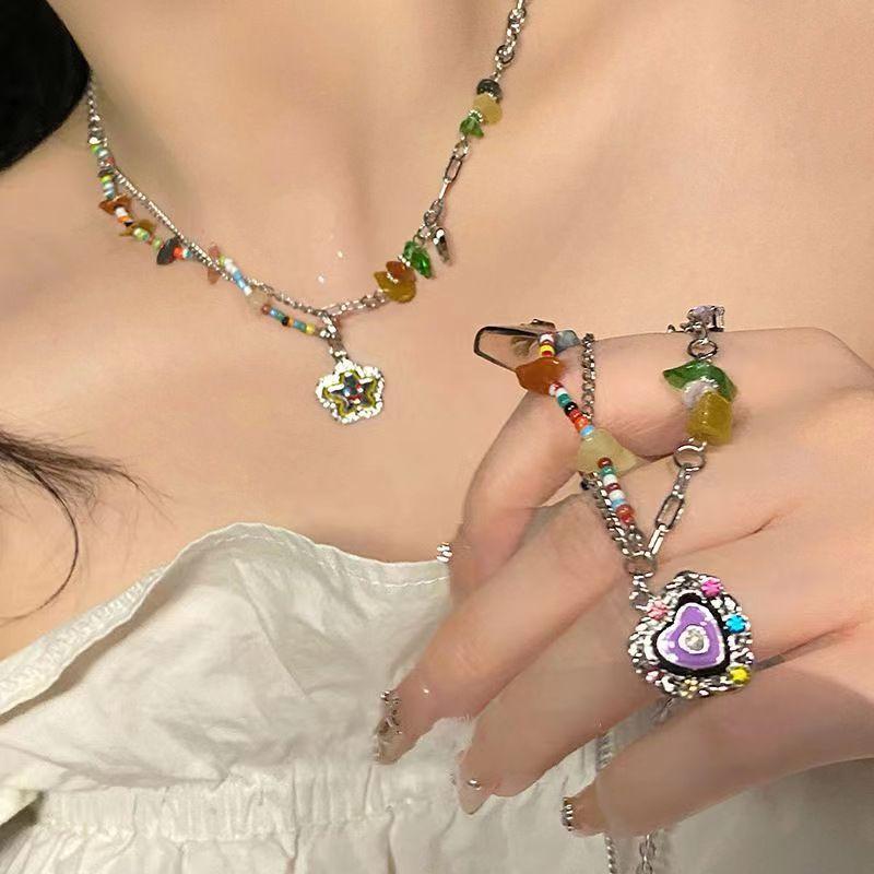 Color Beaded Love Flower Zircon Necklace Female Sweet Cool Hot Girl Wind Collarbone Chain Niche Design Accessories