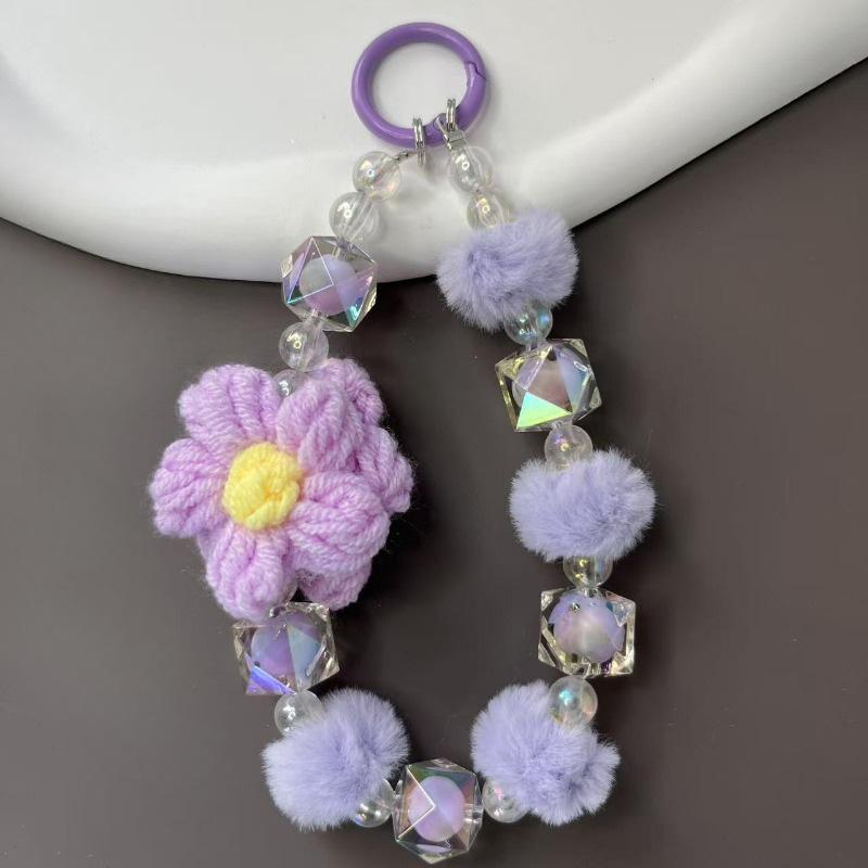 Autumn/Winter Plush Handmade Beaded Phone Lanyard & Keychain with Flower Pendant