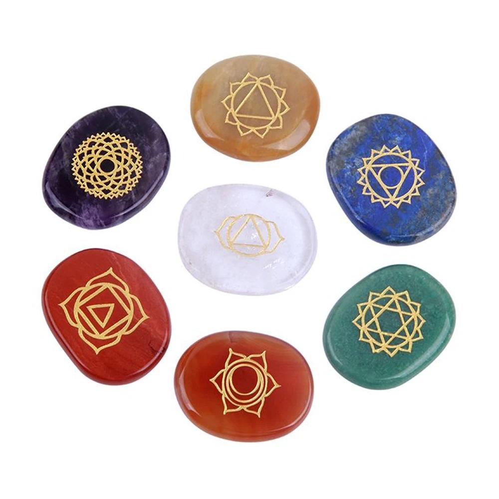 7 Chakra Symbol Crystal Stones Set Natural Reiki Healing Crystal Bulk Palm Polished Pocket Gemstones for Meditation Balancing