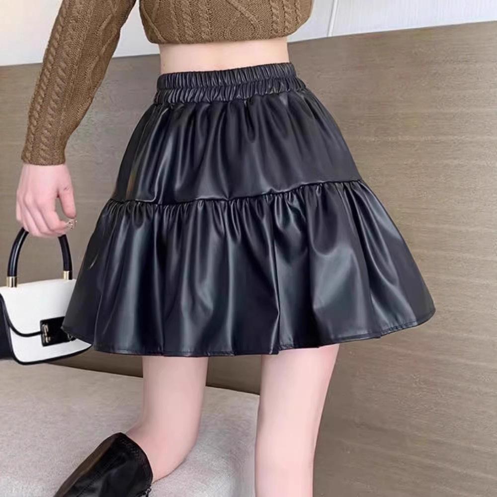 Spring Plus Size Coffee PU Leather High Waist Pleated A-line Skirt for Women
