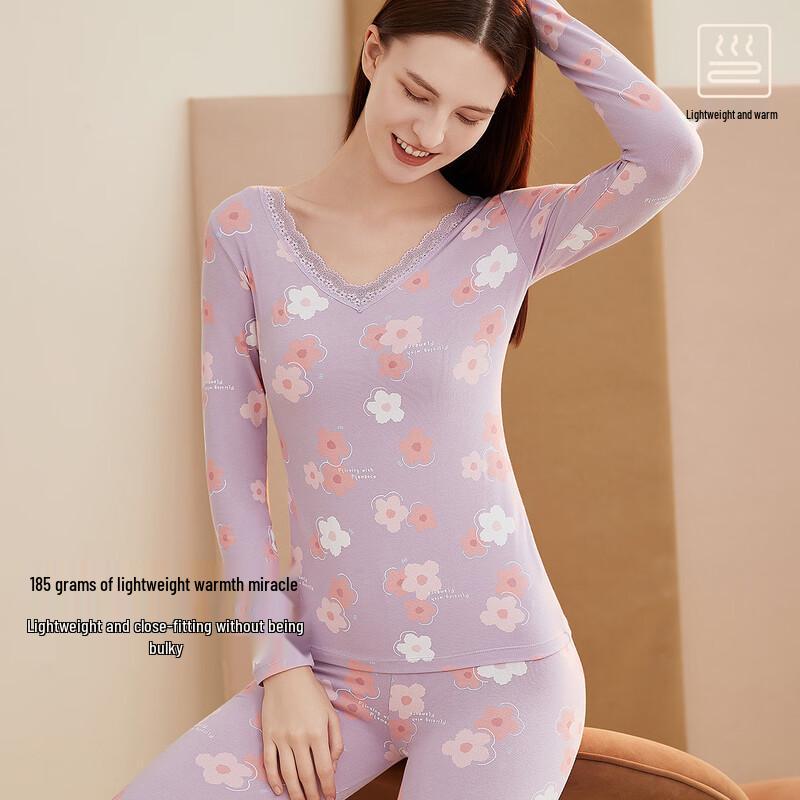 Damen Baumwolle Blumendruck Dünnes Thermounterwäsche-Set