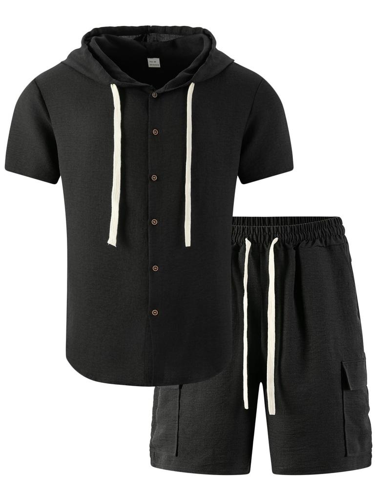 Men's Casual Summer American Style Hooded Short Sleeve Shirt & Shorts Set