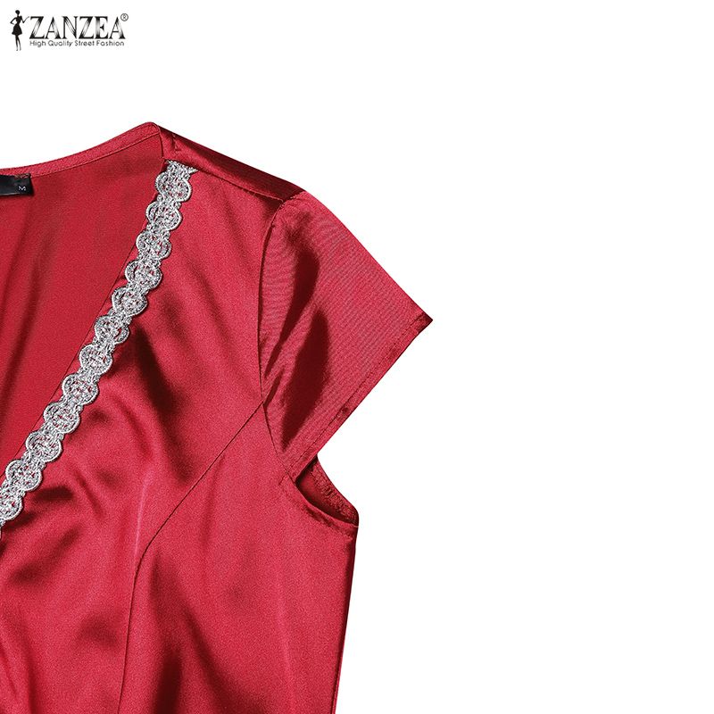 ZANZEA Women Elegant V-Neck Casual Short Sleeve Satin Long Dress