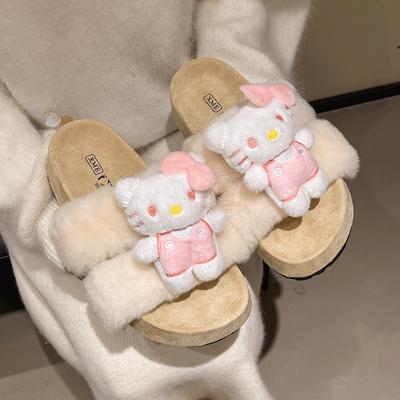 Cute Cartoon Girl Heart Polka Dot Hello Kitty Cotton Slippers Women's 2025 Autumn and Winter New Home Warm Fluffy Slippers