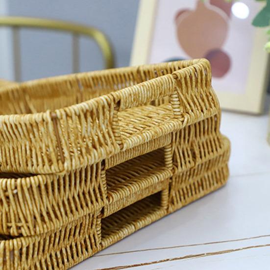 Storage Basket with Handle Manual Braided Faux Rattan Rectangle Shape Hollow Drainage Party Picnic Fruit Snacks Bread Serving