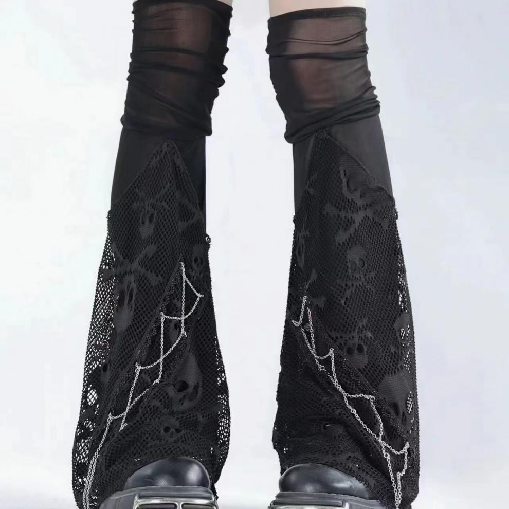 Skeleton Thigh-High Fishnet Leg Warmers: Dark Subculture Flared Scrunch Socks
