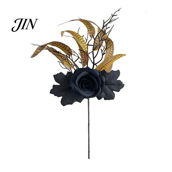 Autumn Harvest Bouquet Halloween Flowers Decorations, Black Artificial with Pumpkin Rose Eucalyptus Maple Leaf Decor Floral Stems, Indoor Branches for
