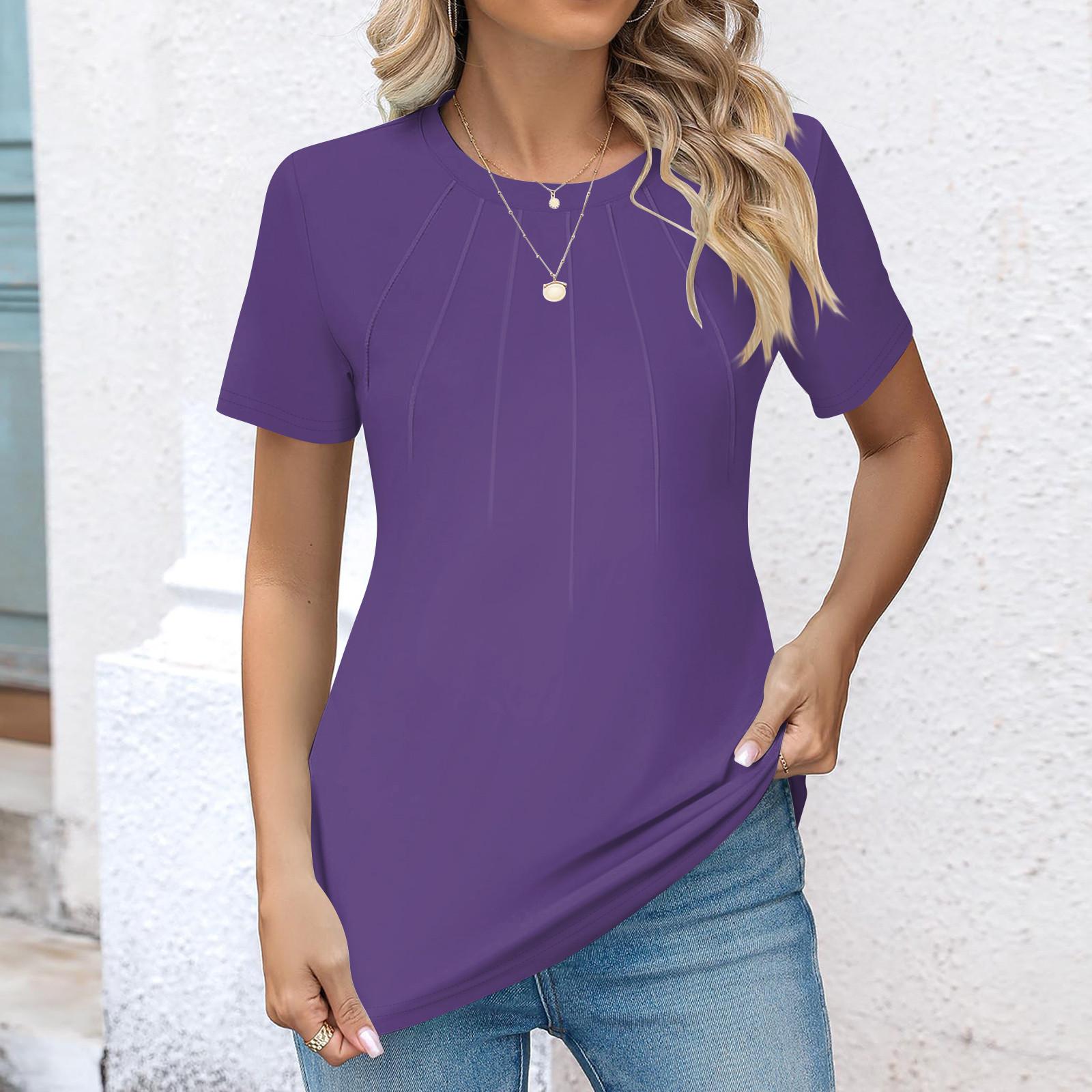 

Женский плиссированный однотонный топ с короткими рукавами и круглым вырезом с короткими рукавами M фиолетовый