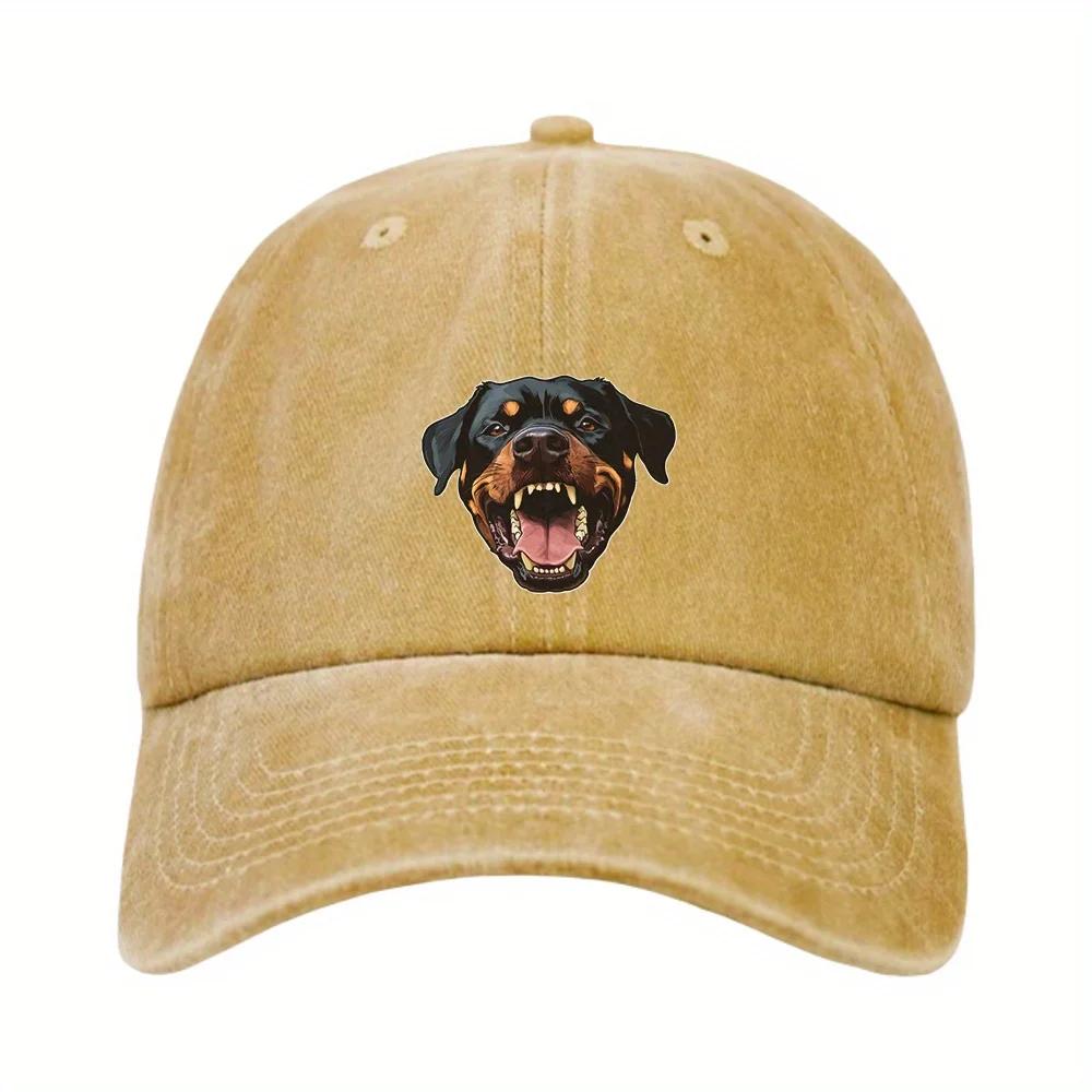 1pc Rottweiler Dog Head Baseball Cap - Fierce Open-Mouth Graphic, 100% Denim, Adjustable Vintage Washed