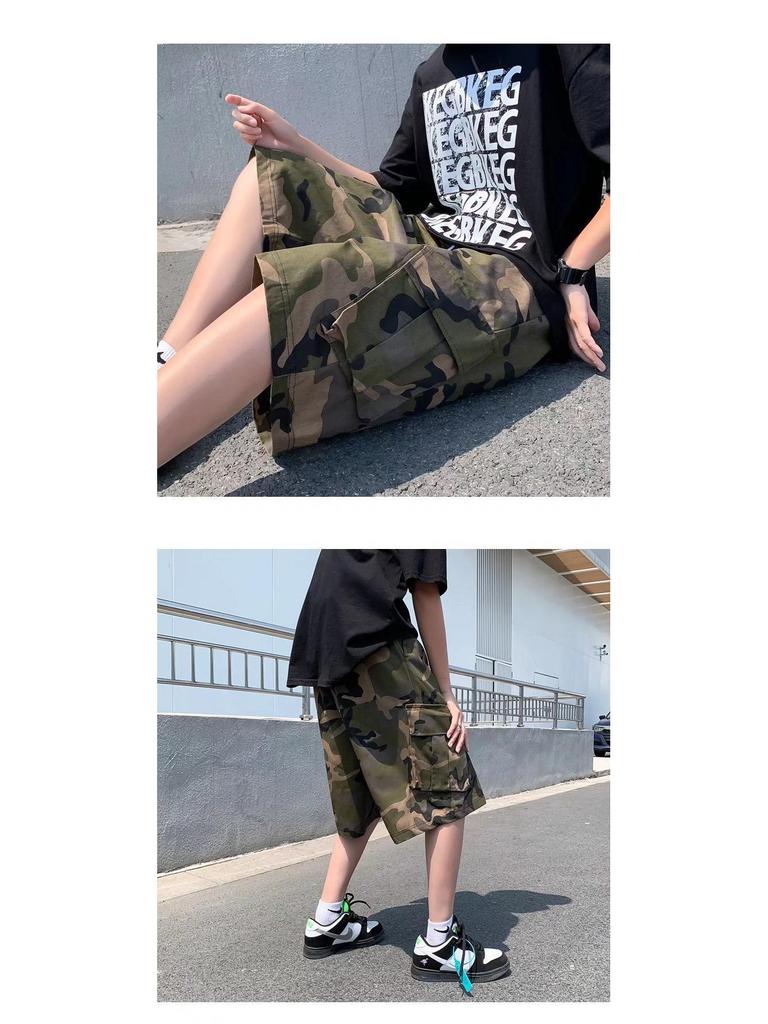 Herren Amerikanischer Street Retro Hip-Hop Camouflage Weitbein-Overall mit Großen Taschen