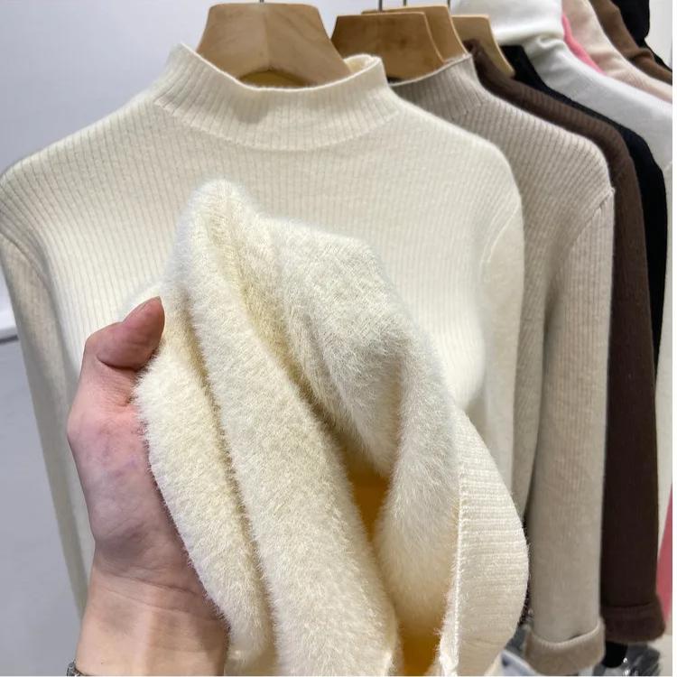 Turtleneck Winter Sweater Women Elegant Thicken Velvet Lined Warm Sueter Knitted Pullover Slim Tops Jersey Knitwear Jumper New